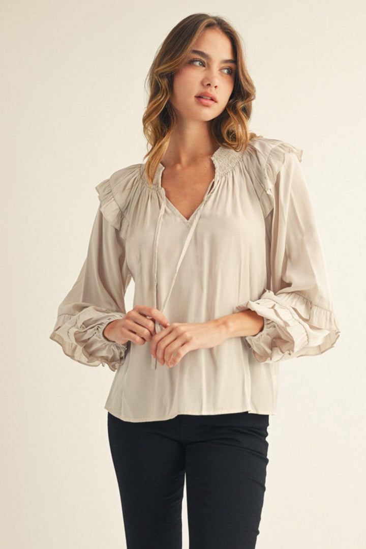 Jodifl Long Puff Sleeve Ruffle Detailed Peasant Blouse