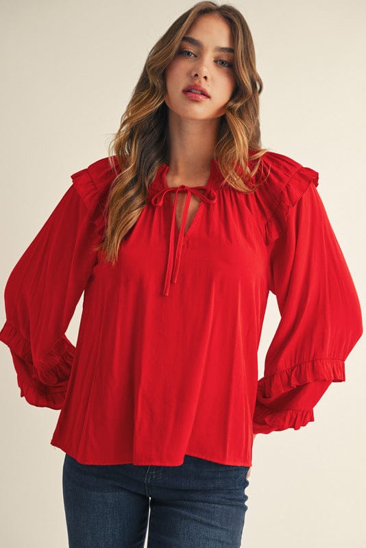 Jodifl Long Puff Sleeve Ruffle Detailed Peasant Blouse