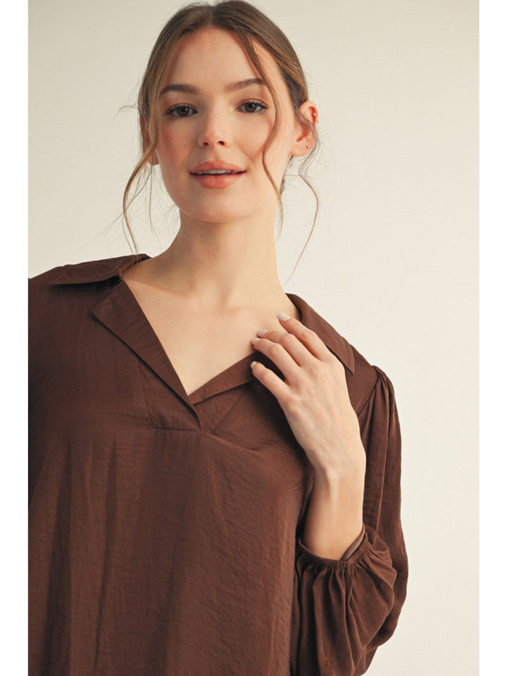 Jodifl Long Puff Sleeve V-Neck Textured Fabric Solid Blouse Top