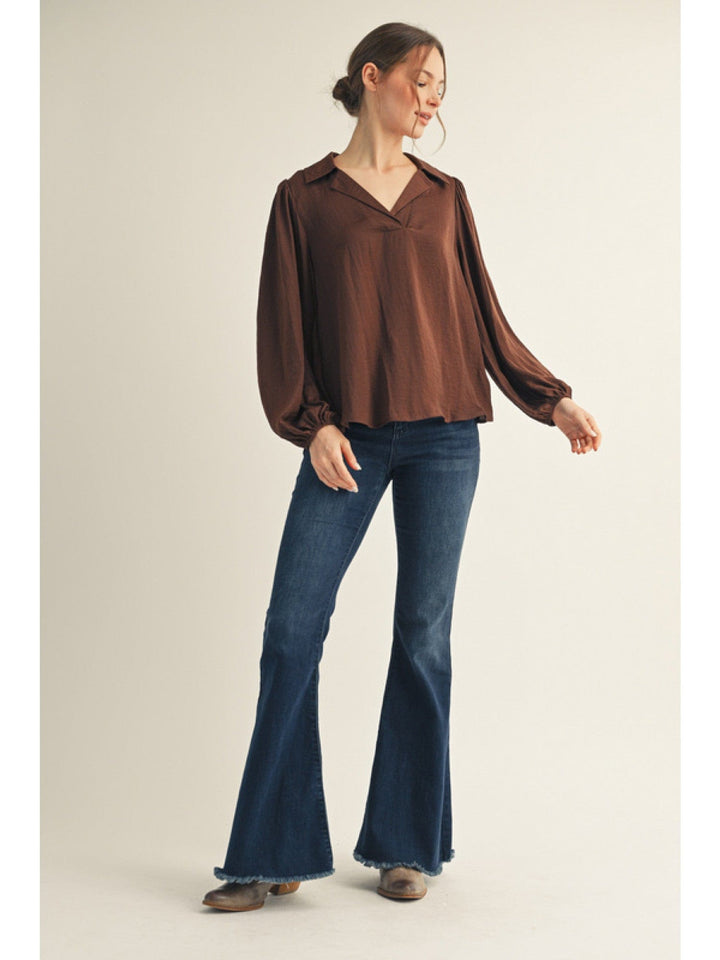 Jodifl Long Puff Sleeve V-Neck Textured Fabric Solid Blouse Top