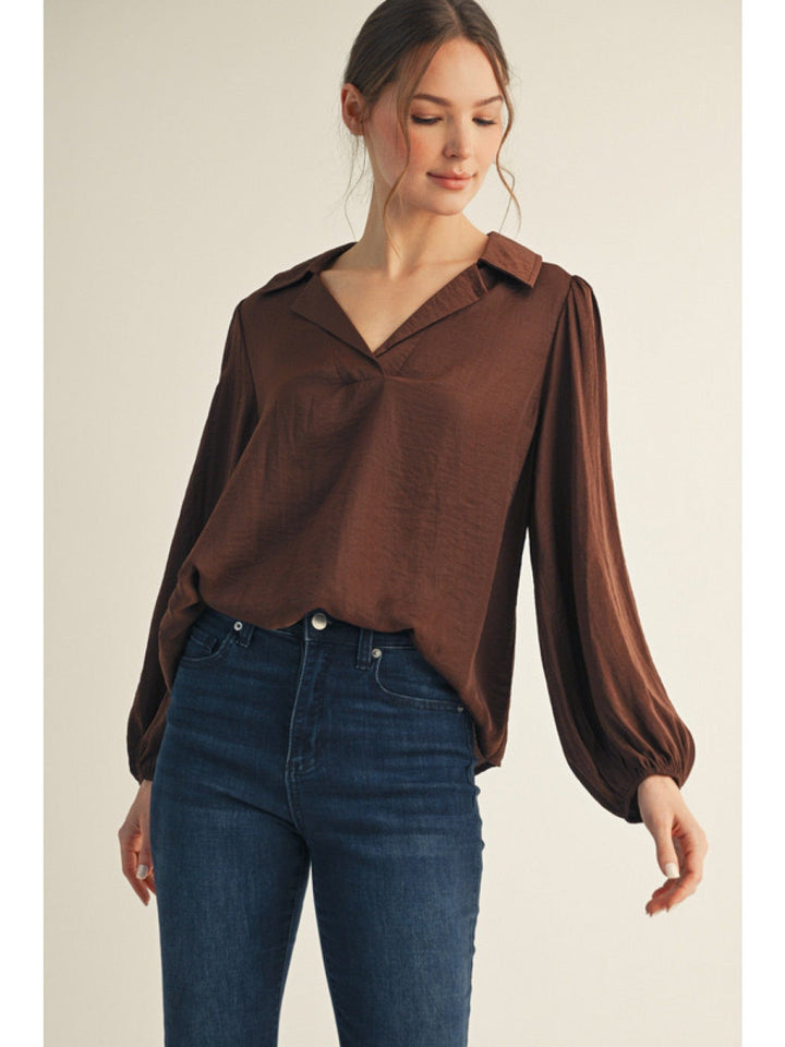 Jodifl Long Puff Sleeve V-Neck Textured Fabric Solid Blouse Top