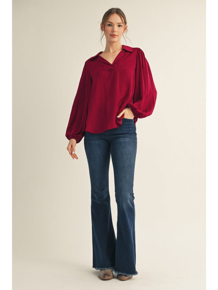 Jodifl Long Puff Sleeve V-Neck Textured Fabric Solid Blouse Top