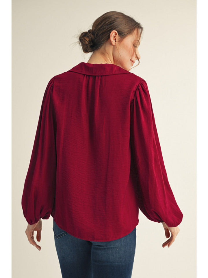 Jodifl Long Puff Sleeve V-Neck Textured Fabric Solid Blouse Top