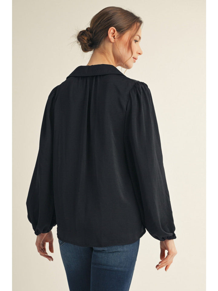 Jodifl Long Puff Sleeve V-Neck Textured Fabric Solid Blouse Top