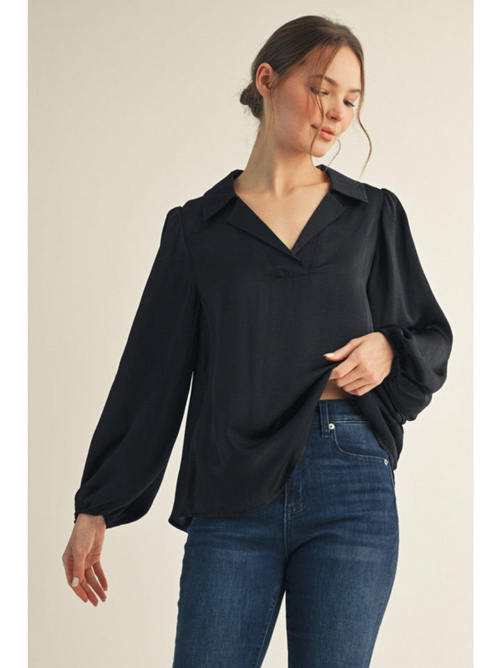 Jodifl Long Puff Sleeve V-Neck Textured Fabric Solid Blouse Top