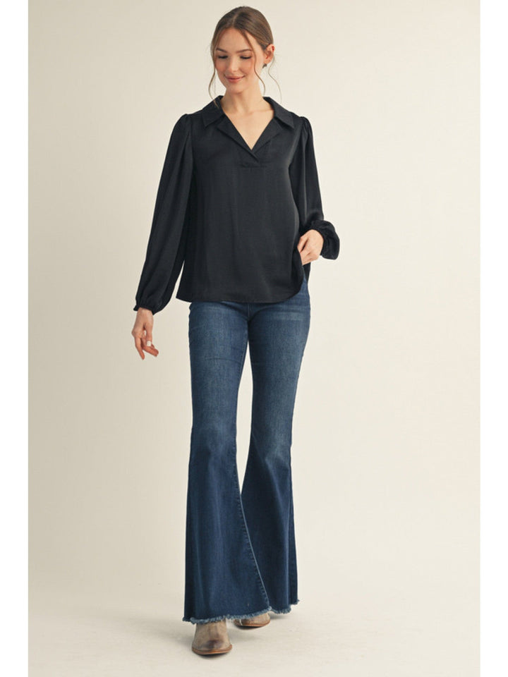 Jodifl Long Puff Sleeve V-Neck Textured Fabric Solid Blouse Top