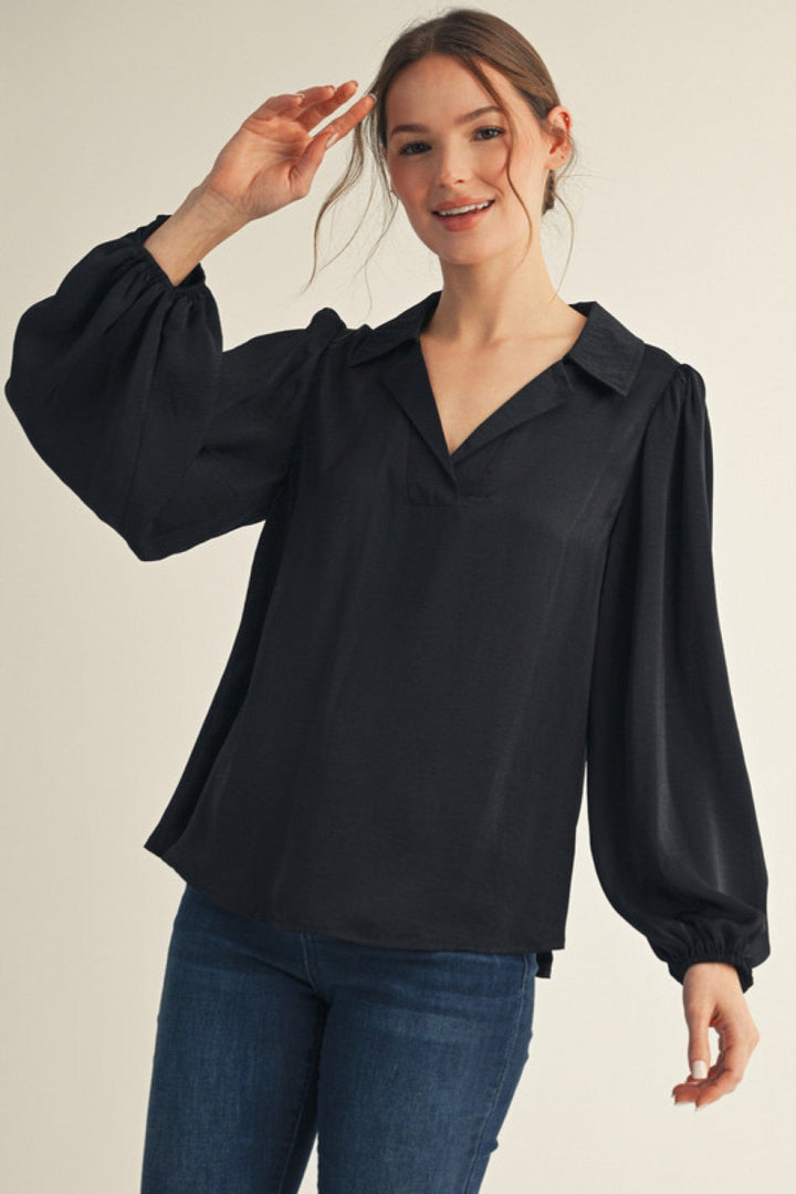 Jodifl Long Puff Sleeve V-Neck Textured Fabric Solid Blouse Top