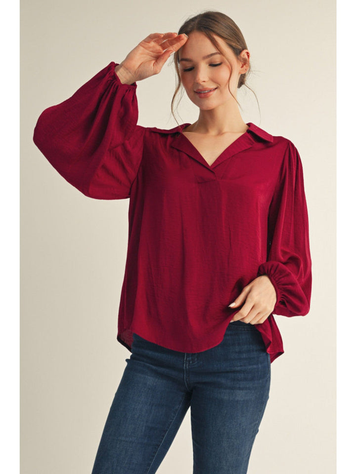 Jodifl Long Puff Sleeve V-Neck Textured Fabric Solid Blouse Top