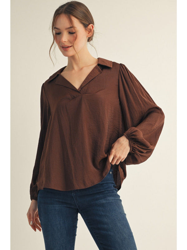 Jodifl Long Puff Sleeve V-Neck Textured Fabric Solid Blouse Top