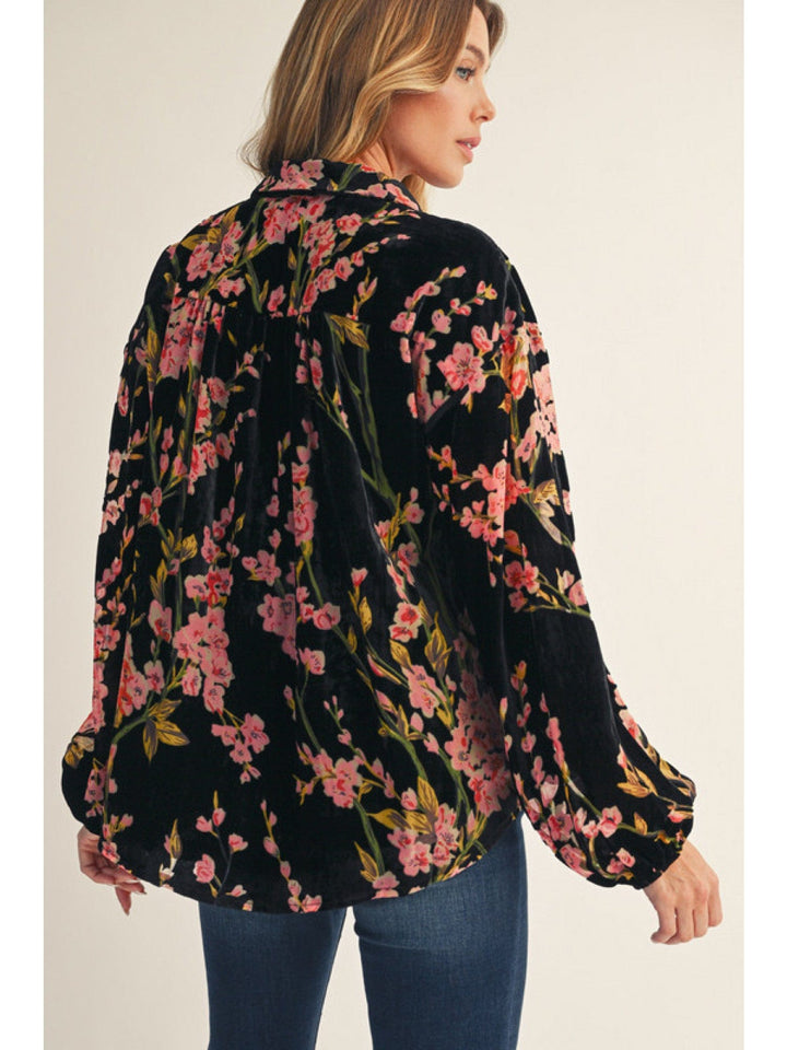 Jodifl Long Sleeve Button Down Floral Velvet Blouse