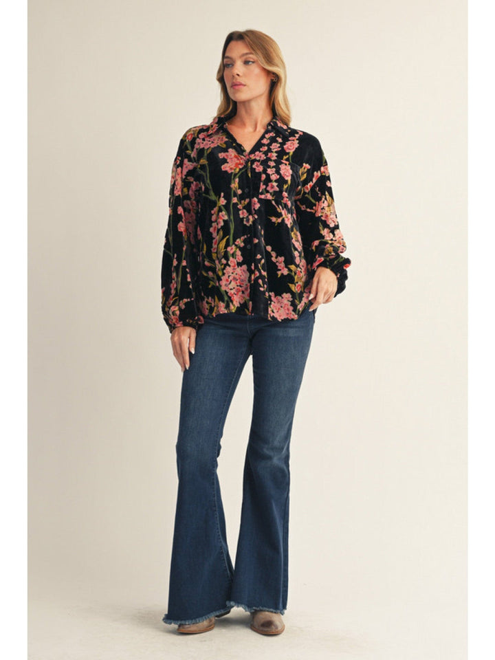 Jodifl Long Sleeve Button Down Floral Velvet Blouse