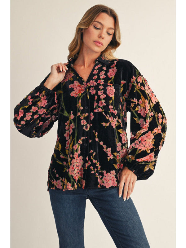 Jodifl Long Sleeve Button Down Floral Velvet Blouse