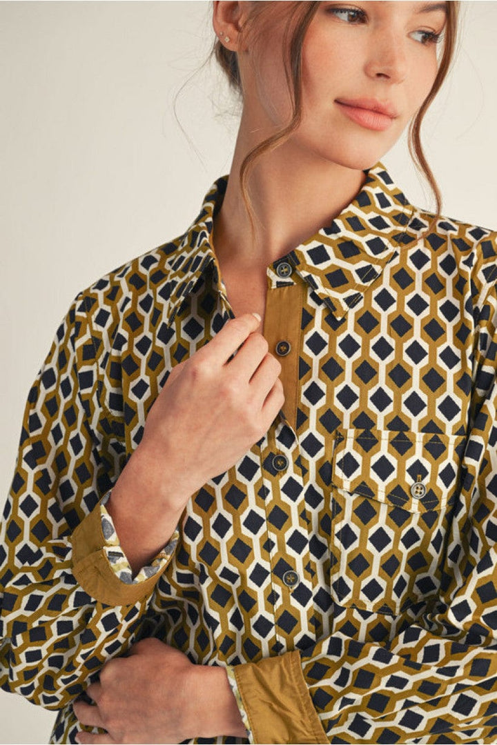 Jodifl Long Sleeve Button Down Geo Print Short Dress
