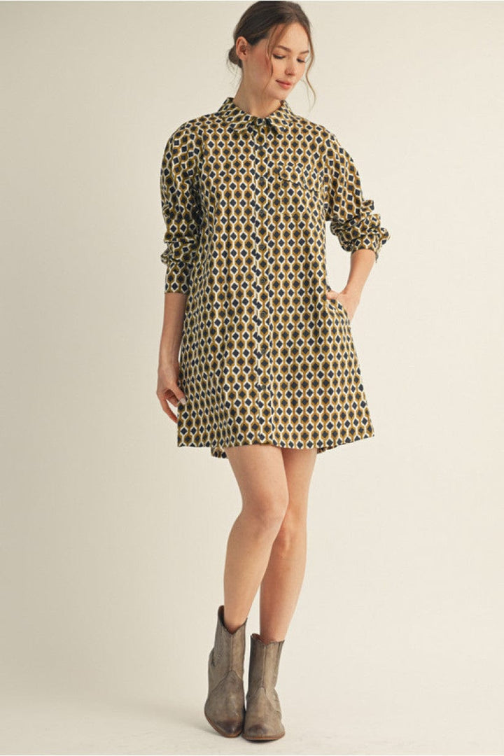 Jodifl Long Sleeve Button Down Geo Print Short Dress