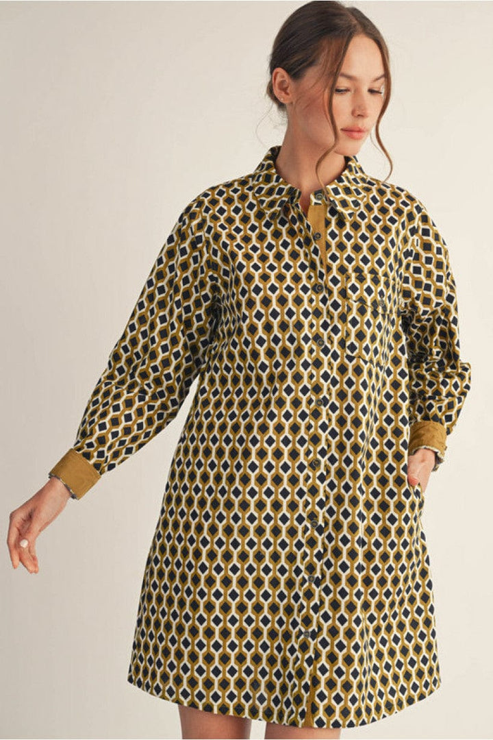 Jodifl Long Sleeve Button Down Geo Print Short Dress