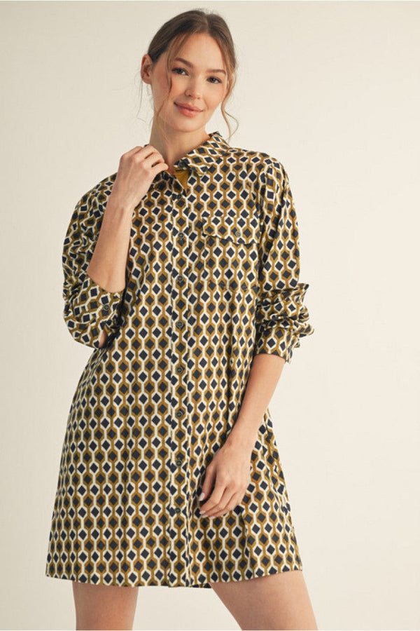 Jodifl Long Sleeve Button Down Geo Print Short Dress