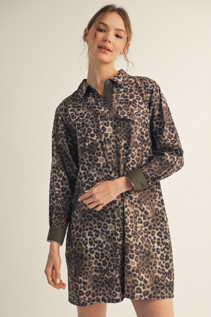 Jodifl Long Sleeve Button Down Leopard Print Solid Contrast Accent Dress