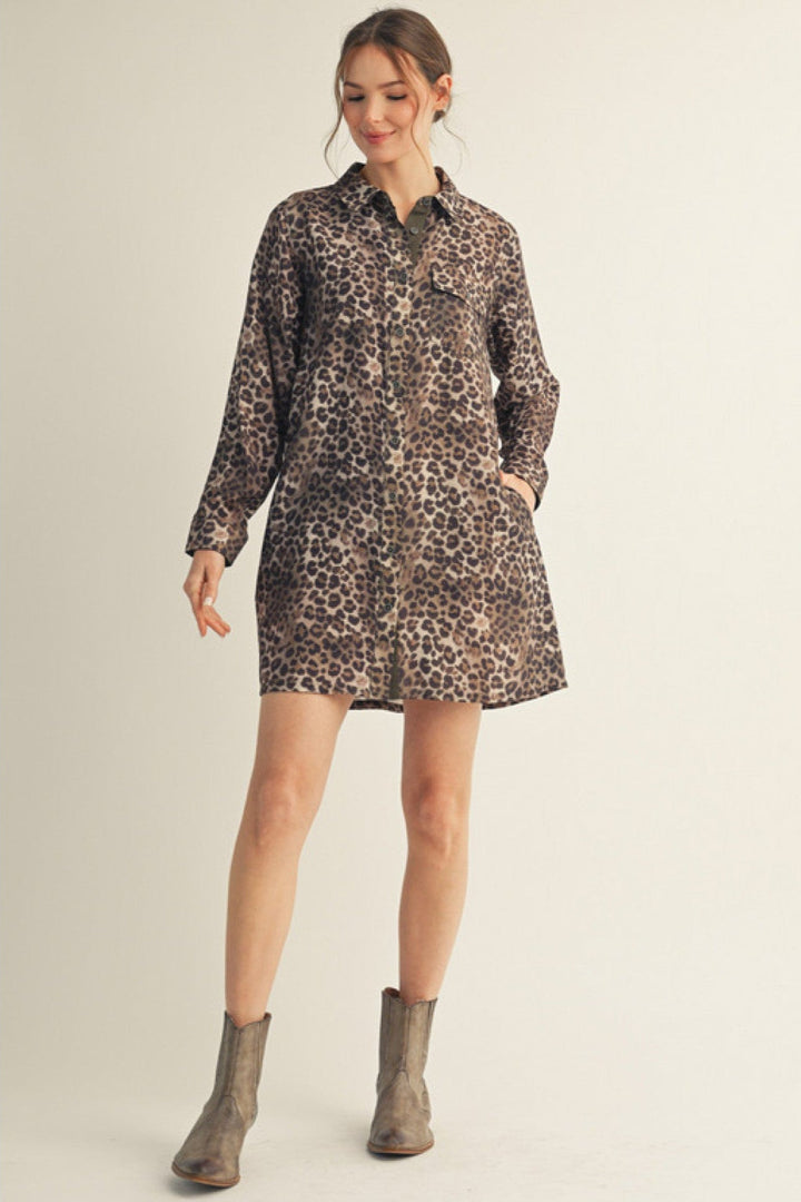 Jodifl Long Sleeve Button Down Leopard Print Solid Contrast Accent Dress
