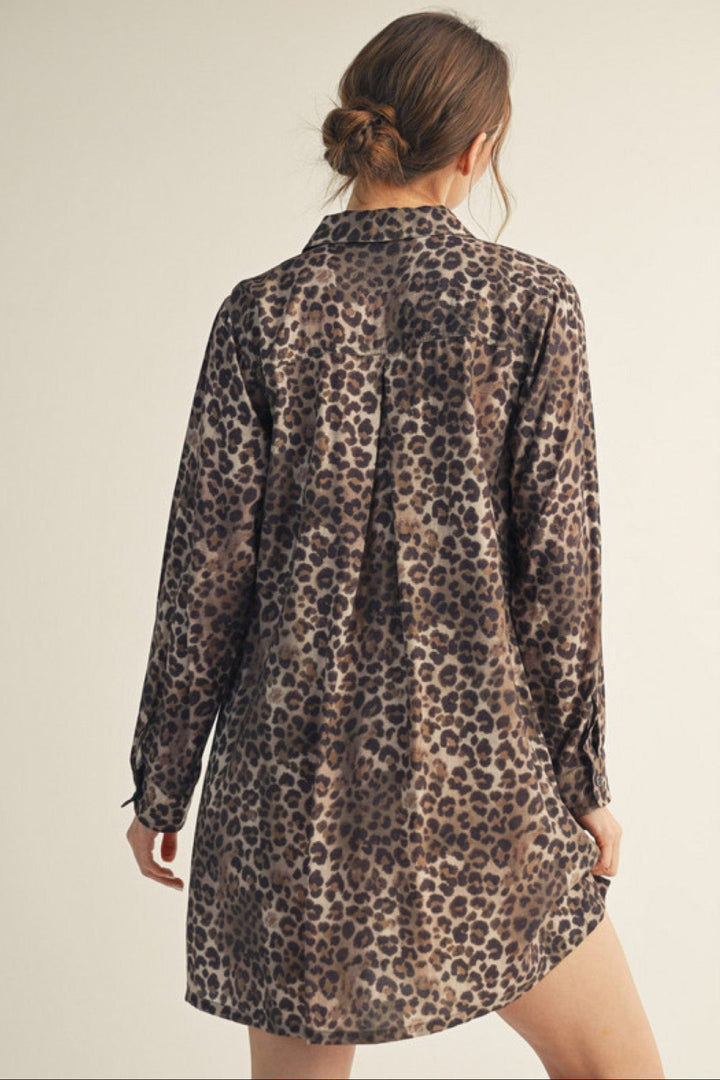 Jodifl Long Sleeve Button Down Leopard Print Solid Contrast Accent Dress