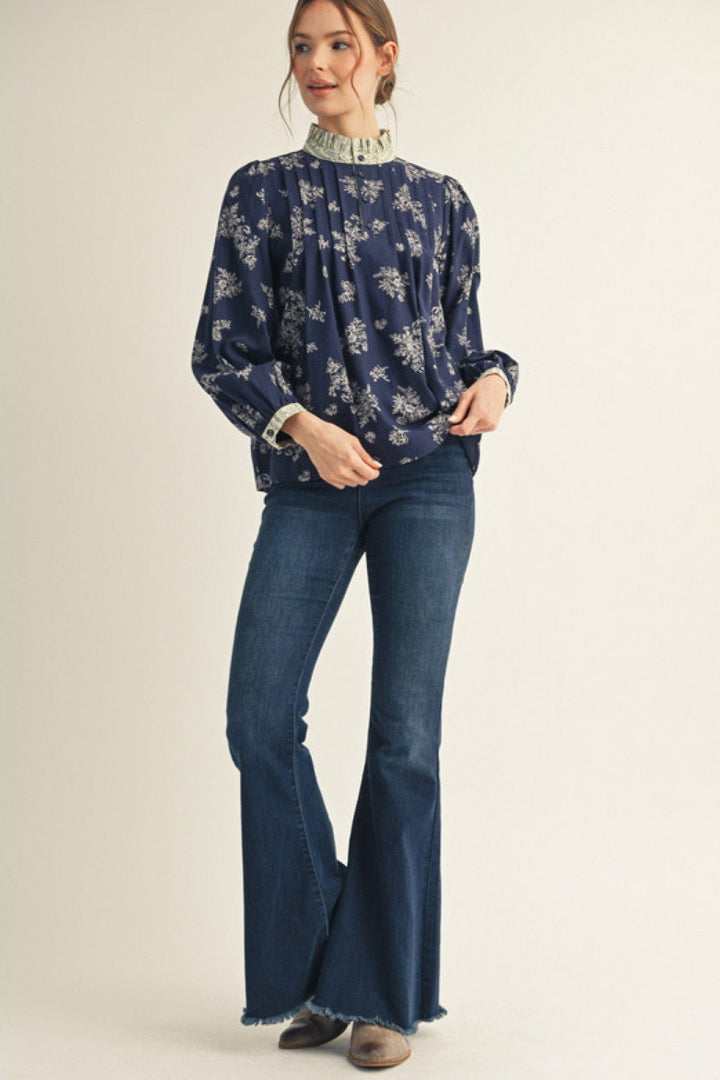 Jodifl Long Sleeve Floral Blouse with Contrast Print Trim