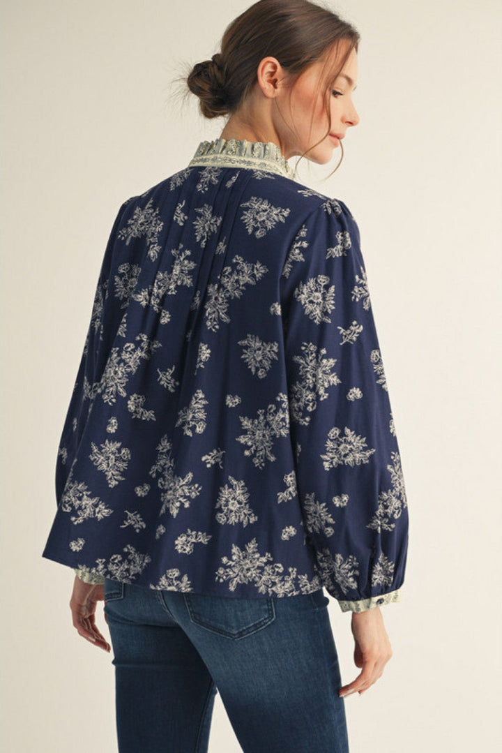 Jodifl Long Sleeve Floral Blouse with Contrast Print Trim