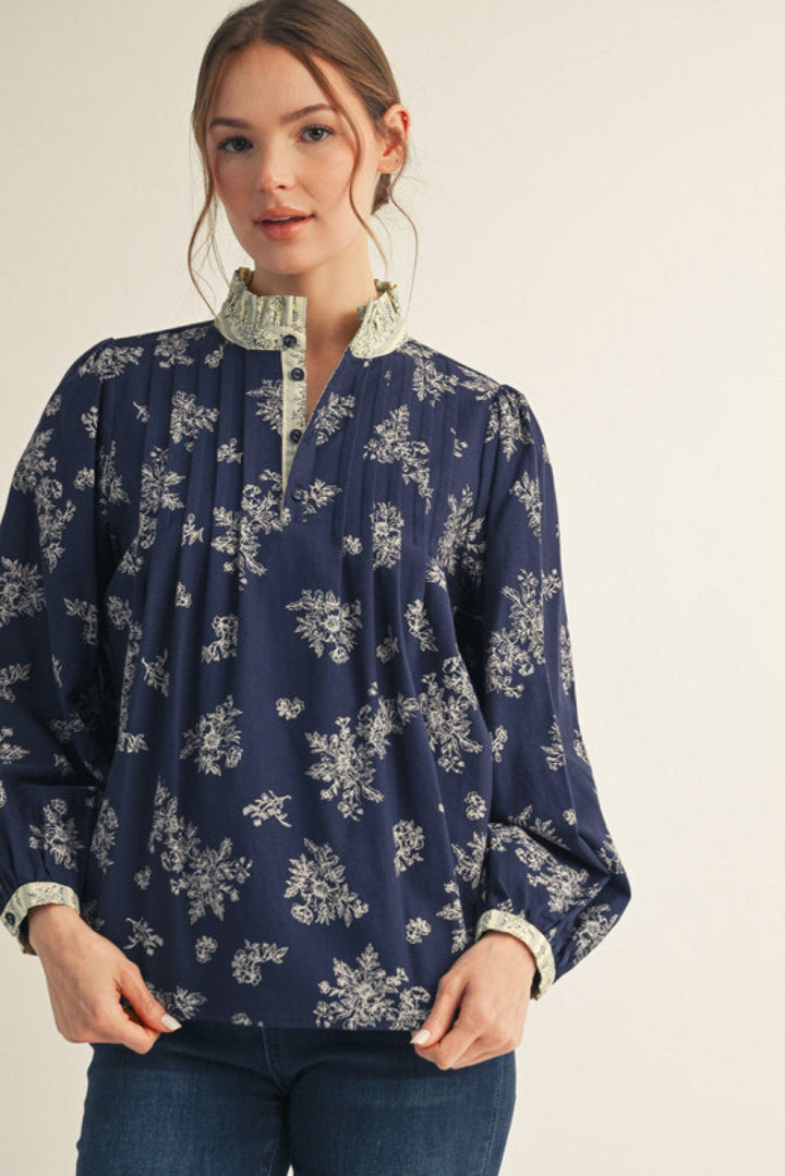 Jodifl Long Sleeve Floral Blouse with Contrast Print Trim