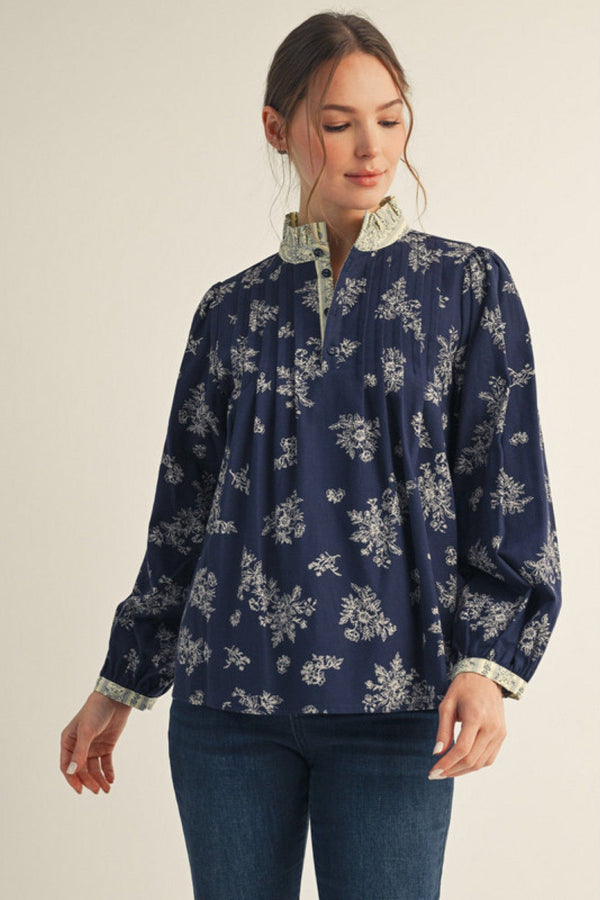 Jodifl Long Sleeve Floral Blouse with Contrast Print Trim
