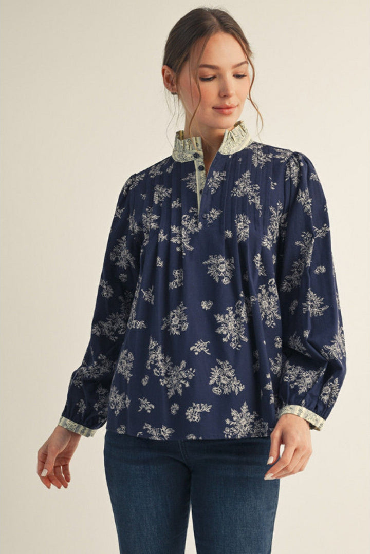 Jodifl Long Sleeve Floral Blouse with Contrast Print Trim