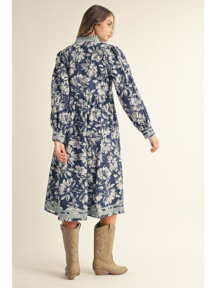 Jodifl Long Sleeve Floral Midi Dress with Solid Trim