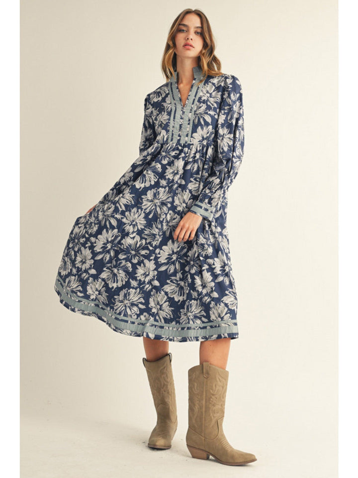Jodifl Long Sleeve Floral Midi Dress with Solid Trim