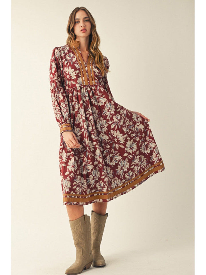 Jodifl Long Sleeve Floral Midi Dress with Solid Trim