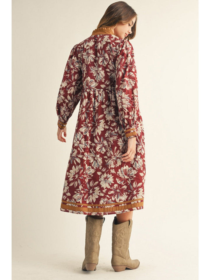 Jodifl Long Sleeve Floral Midi Dress with Solid Trim