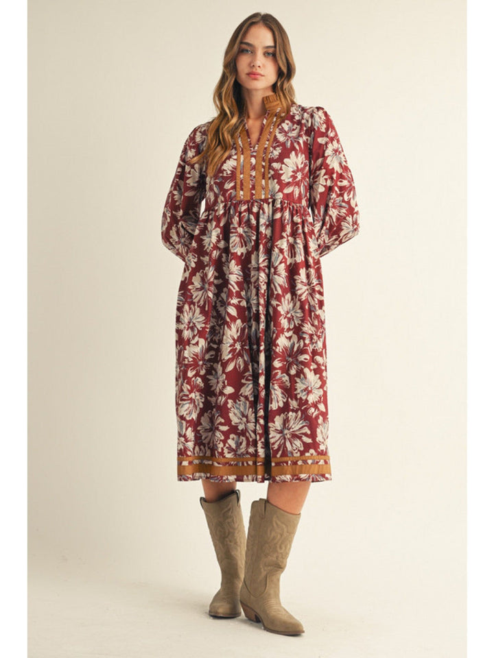 Jodifl Long Sleeve Floral Midi Dress with Solid Trim