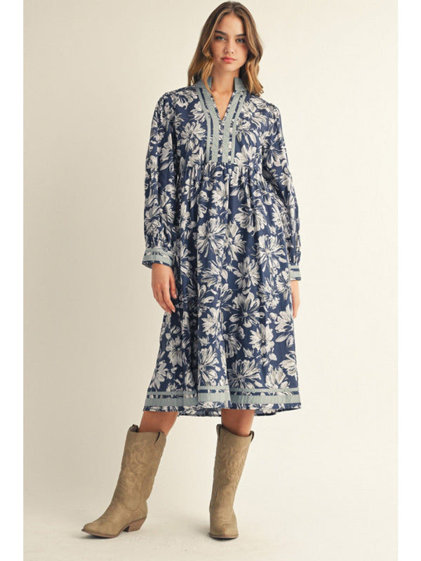 Jodifl Long Sleeve Floral Midi Dress with Solid Trim