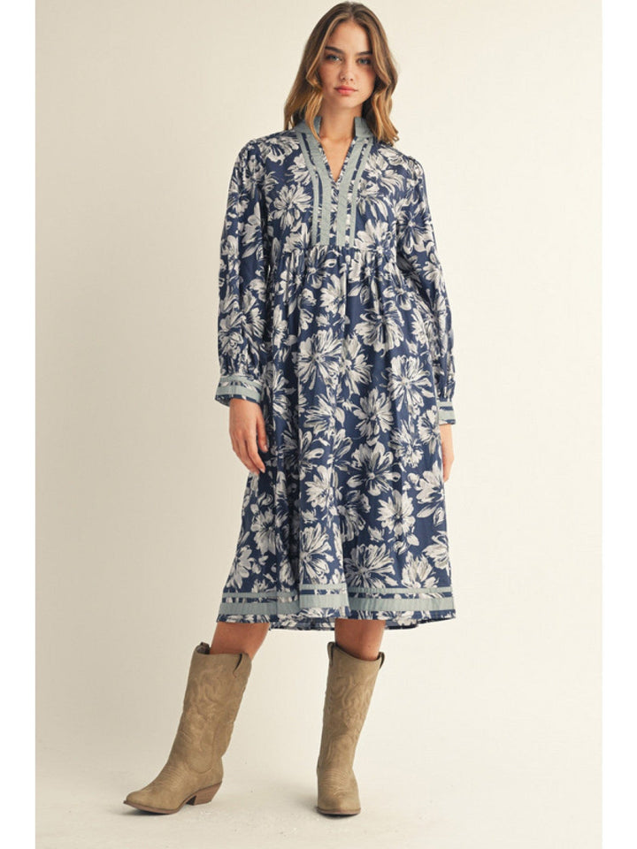 Jodifl Long Sleeve Floral Midi Dress with Solid Trim