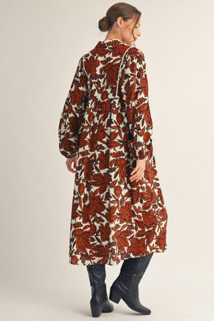 Jodifl Long Sleeve Smocked Chest Collared Long Sleeve Floral Midi Dress