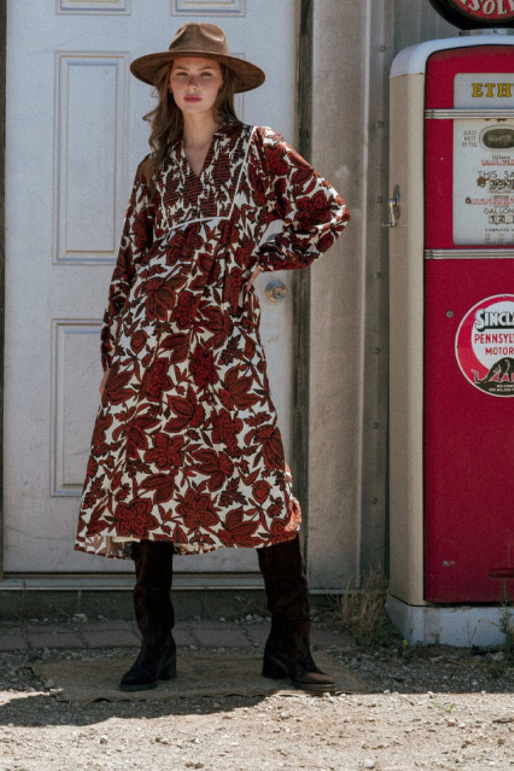 Jodifl Long Sleeve Smocked Chest Collared Long Sleeve Floral Midi Dress