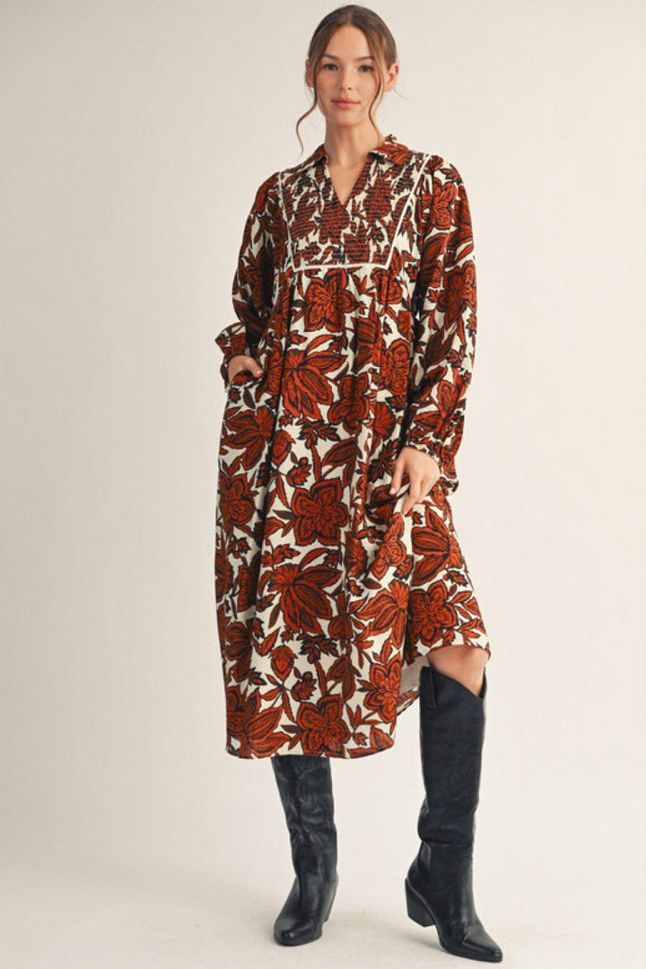 Jodifl Long Sleeve Smocked Chest Collared Long Sleeve Floral Midi Dress