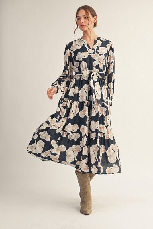 Jodifl Long Sleeve Tiered Floral Midi Dress with Side Pockets and Waist Tie