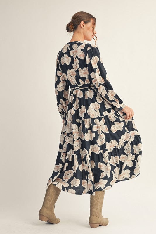 Jodifl Long Sleeve Tiered Floral Midi Dress with Side Pockets and Waist Tie