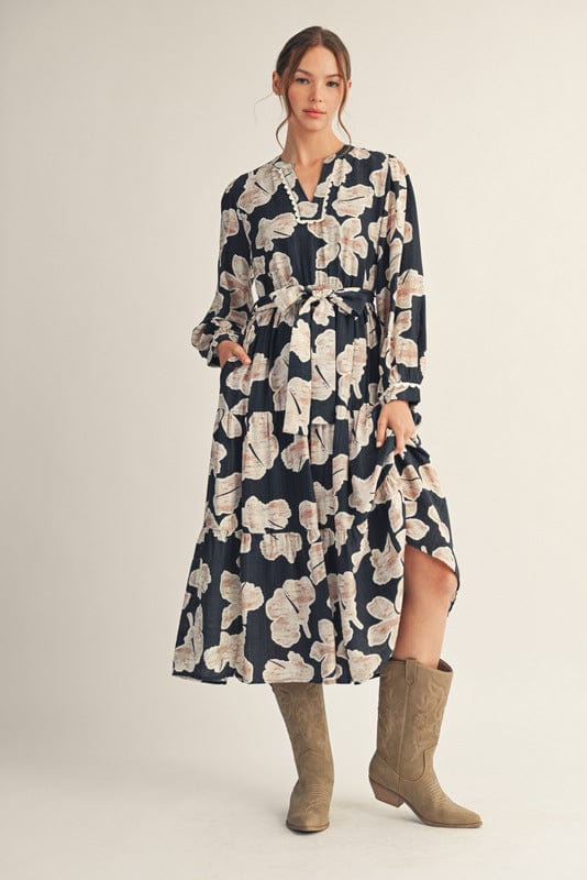 Jodifl Long Sleeve Tiered Floral Midi Dress with Side Pockets and Waist Tie