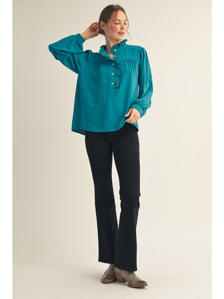 Jodifl Long Sleeve Wrap Around Ruffle Button Placket and Mock Neck Blouse Top