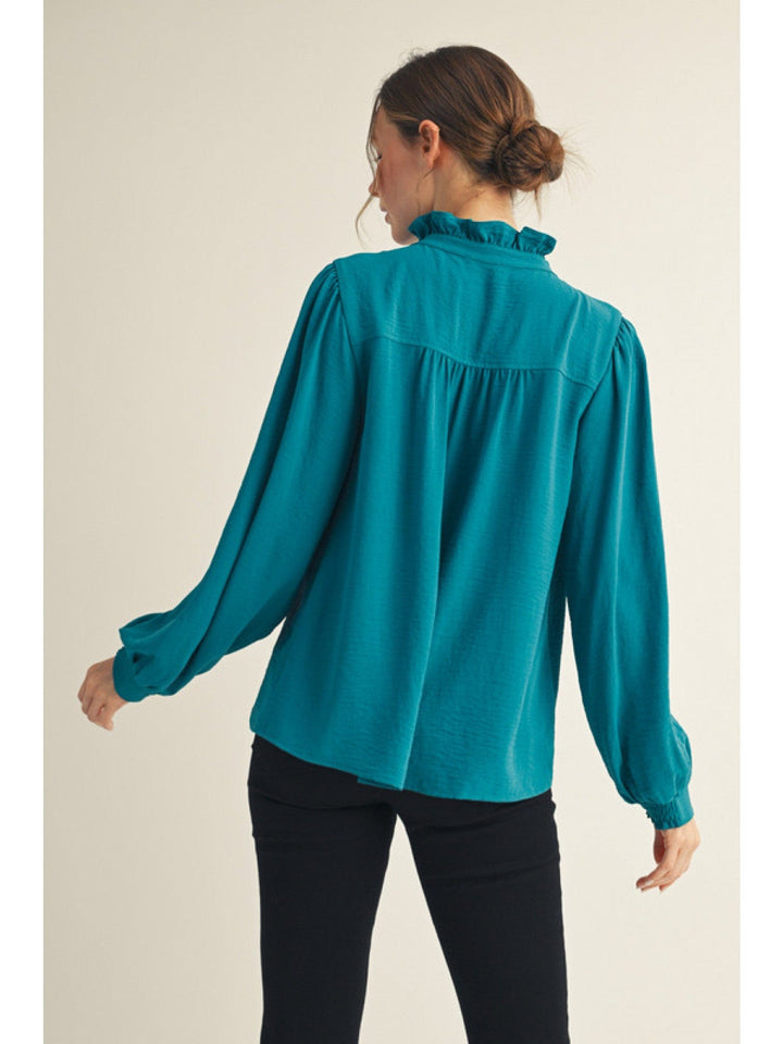Jodifl Long Sleeve Wrap Around Ruffle Button Placket and Mock Neck Blouse Top