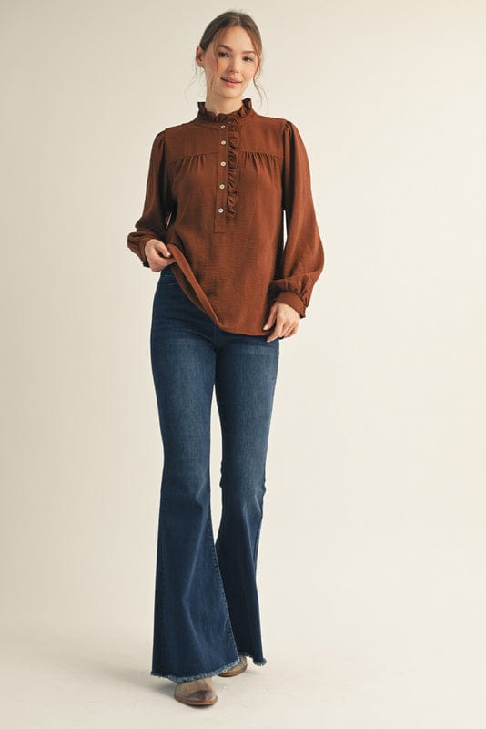 Jodifl Long Sleeve Wrap Around Ruffle Button Placket and Mock Neck Blouse Top