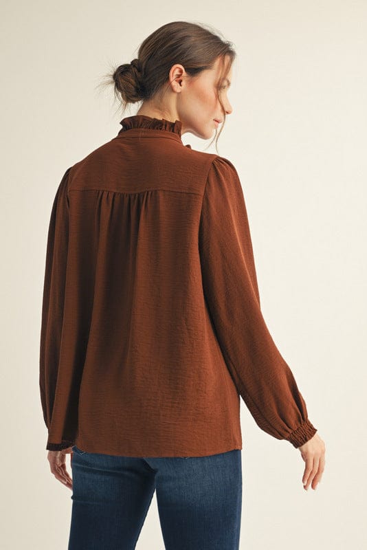 Jodifl Long Sleeve Wrap Around Ruffle Button Placket and Mock Neck Blouse Top