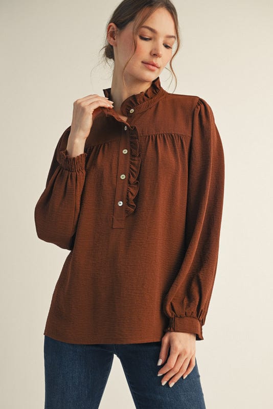 Jodifl Long Sleeve Wrap Around Ruffle Button Placket and Mock Neck Blouse Top
