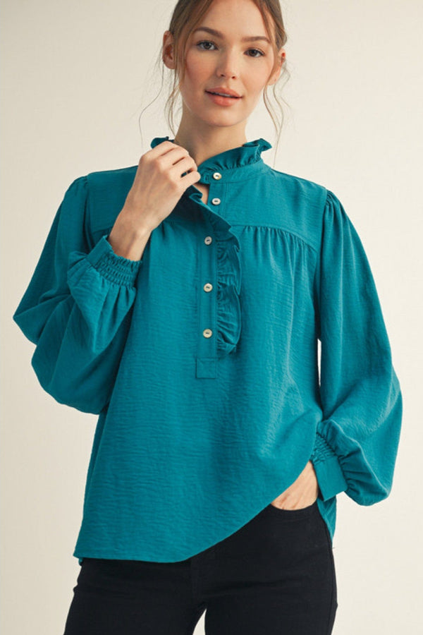 Jodifl Long Sleeve Wrap Around Ruffle Button Placket and Mock Neck Blouse Top