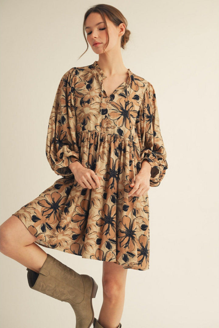 Jodifl Long Wide Sleeve Floral Front Tie Peasant Dress