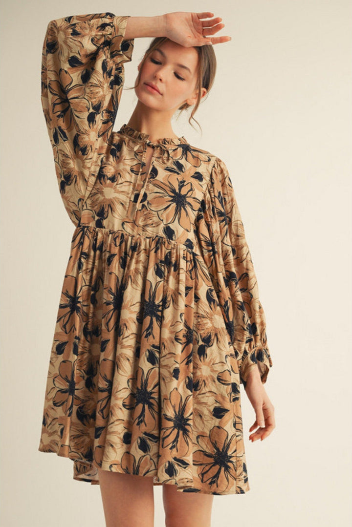 Jodifl Long Wide Sleeve Floral Front Tie Peasant Dress