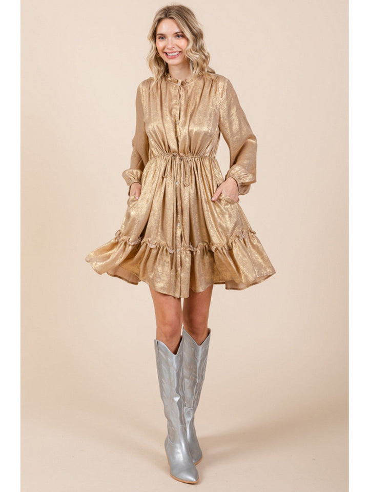 Jodifl Metallic Frilled Mock Neck Bubble Sleeve Button Up Dress